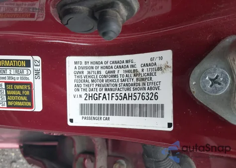 2010 Honda Civic Lx из США, поврежденный, VIN 2HGFA1F55AH576326